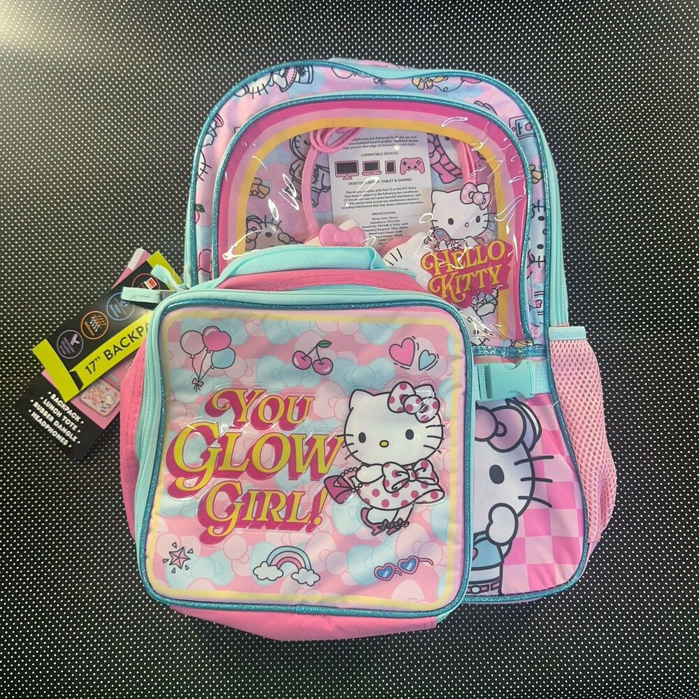 New Hello Kitty 4-Piece 17" Backpack Set with Lunch Tote & Headphones NWT